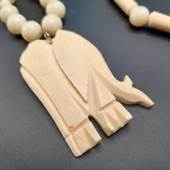 Vintage Carved Elephant Necklace, Carved Long Beads, Acrylic Round Beads - Picture 2 of 12